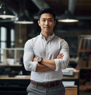 About waistup shot asian business man standing moddle office holding digital tablet 1